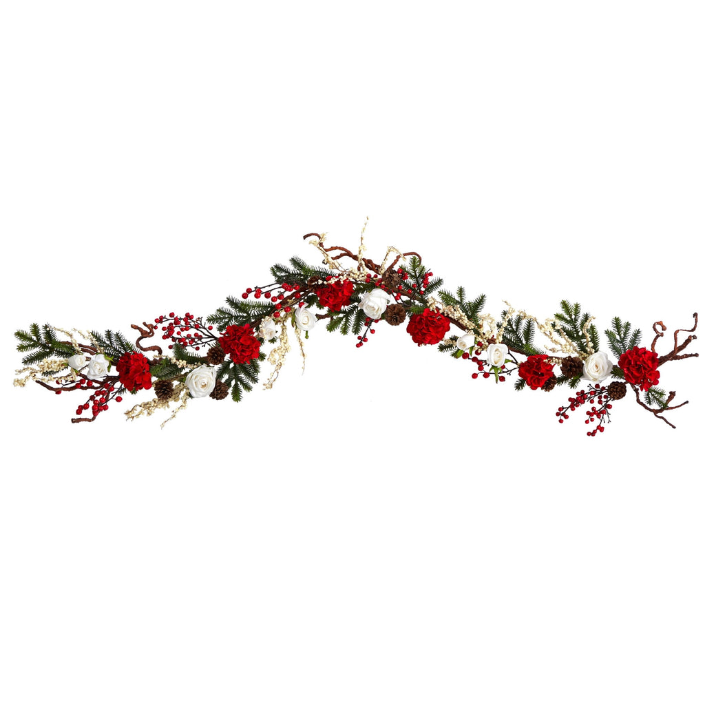 Nearly Natural 72in. Hydrangea with White Roses Garland, Red/White