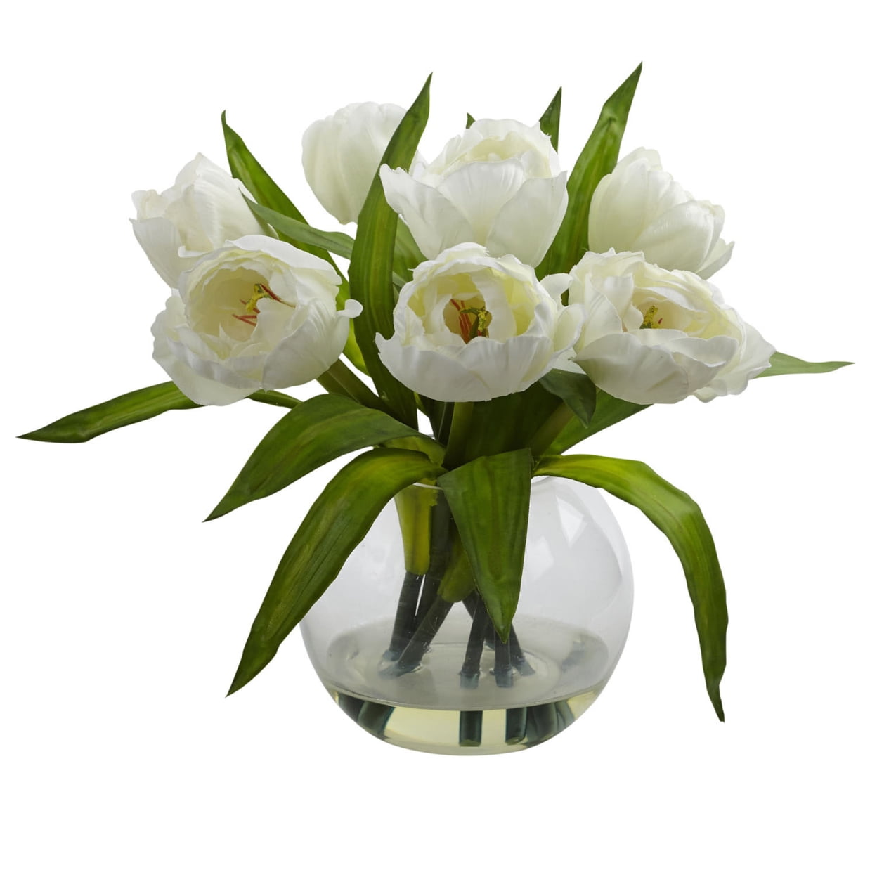 Nearly Natural Artificial Tulips Centerpiece Arrangement with Vase, White