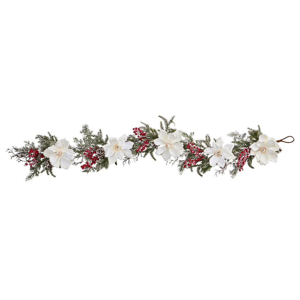 Nearly Natural 60 in. Frosted Magnolia & Berry Artificial Garland