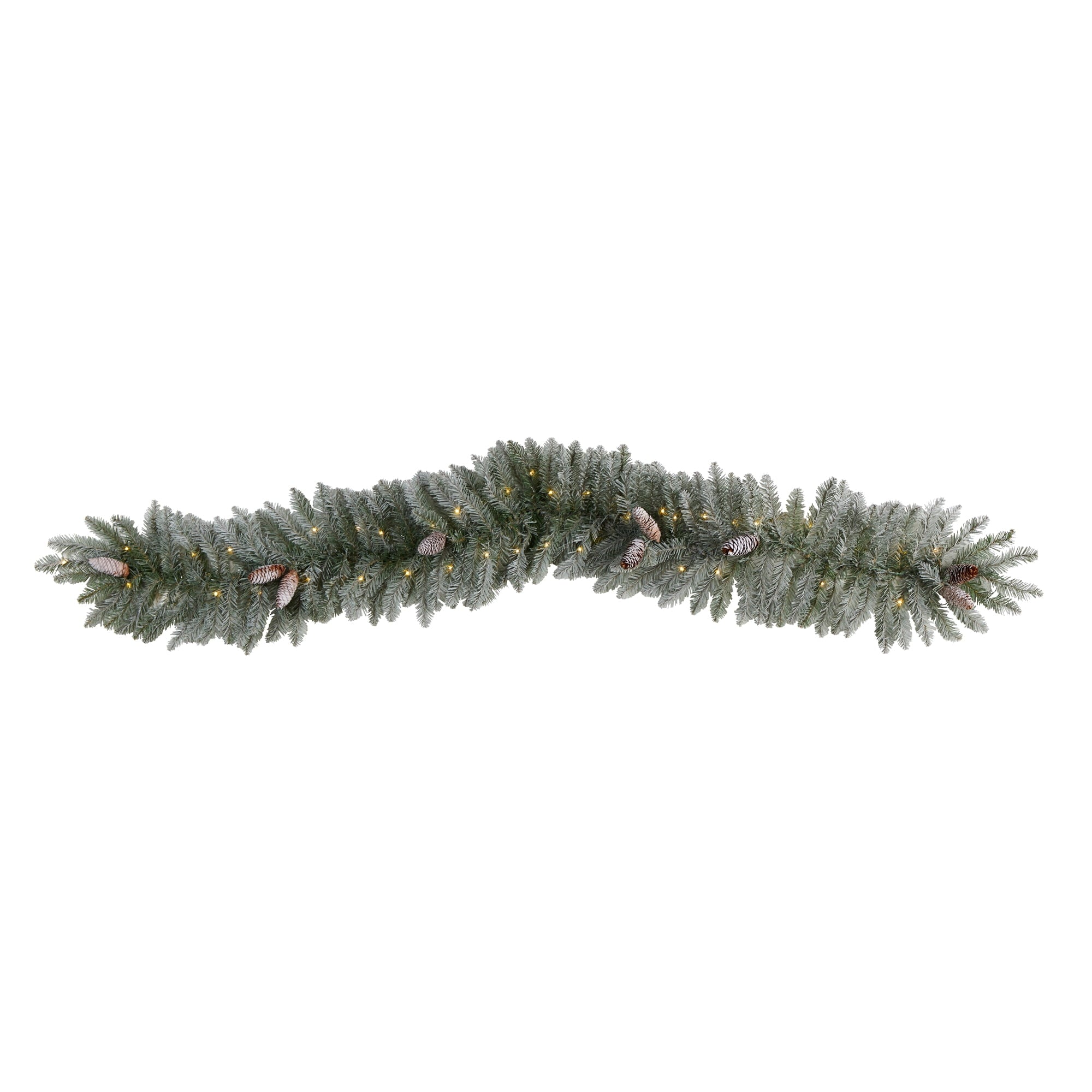 Nearly Natural Prelit Frosted Pine LED Battery Operated Garland, with Pinecones 72" (White)