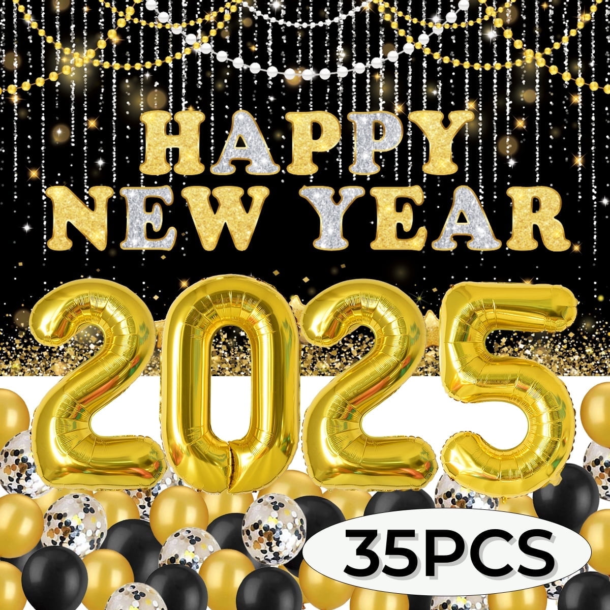 New Years Eve Party Supplies Decorations 2025 Set Large Happy New Year Banner Backdrop Gold Balloons 2025 41Pcs