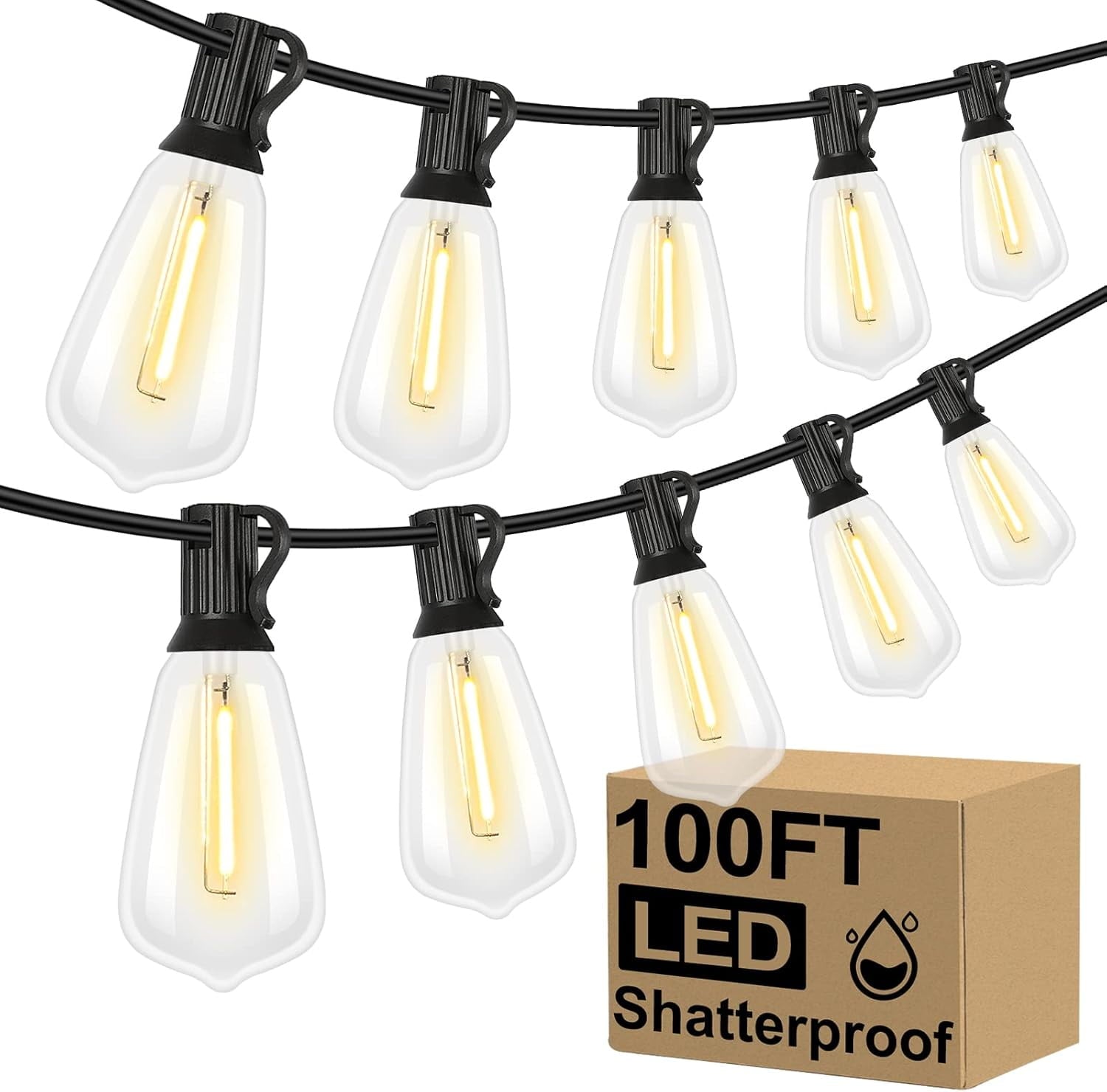 Nordic Hygge LED Outdoor String Lights 100FT Patio Lights with 52 Shatterproof ST38 Vintage Edison Bulbs