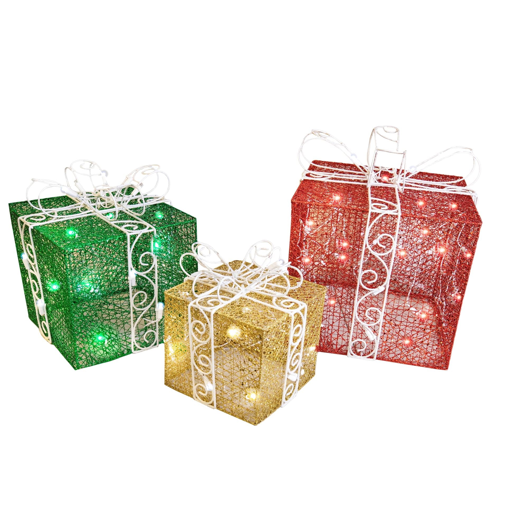 Novelty Lights LED Pre-Lit Twinkle Glittered White Gift Boxes at Christmas for Under Tree Decoration, 70 lights, Pure White, Set of 3
