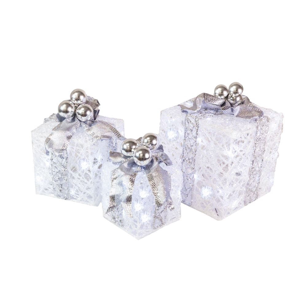 Novelty Lights LED Pre-Lit Twinkle Glittered White Gift Boxes at Christmas for Under Tree Decoration, 70 lights, Pure White, Set of 3