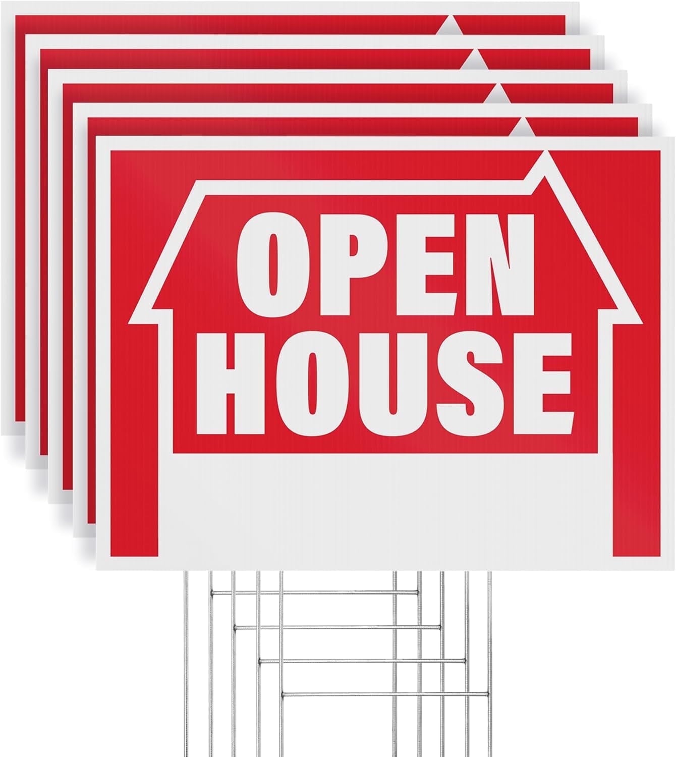 Open House Yard Signs with H-Frame Stakes, 16" x 12" Corrugated Plastic Open House Signs (Pack of 5)