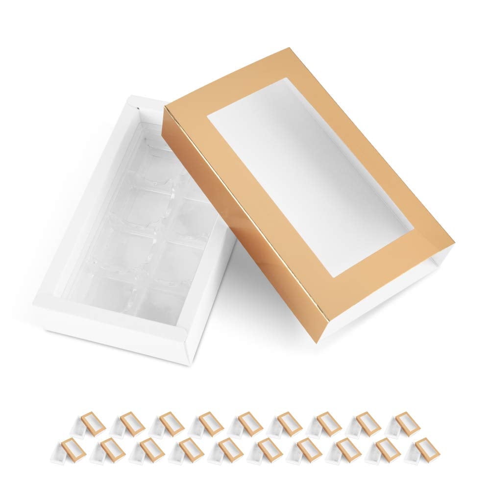 PKGSMART 20 Truffle Box Gold, Chocolate Gift Box Packaging, Candy Boxes with 8-Piece Plastics Tray（Tray Size 5.75x2.75 inches)