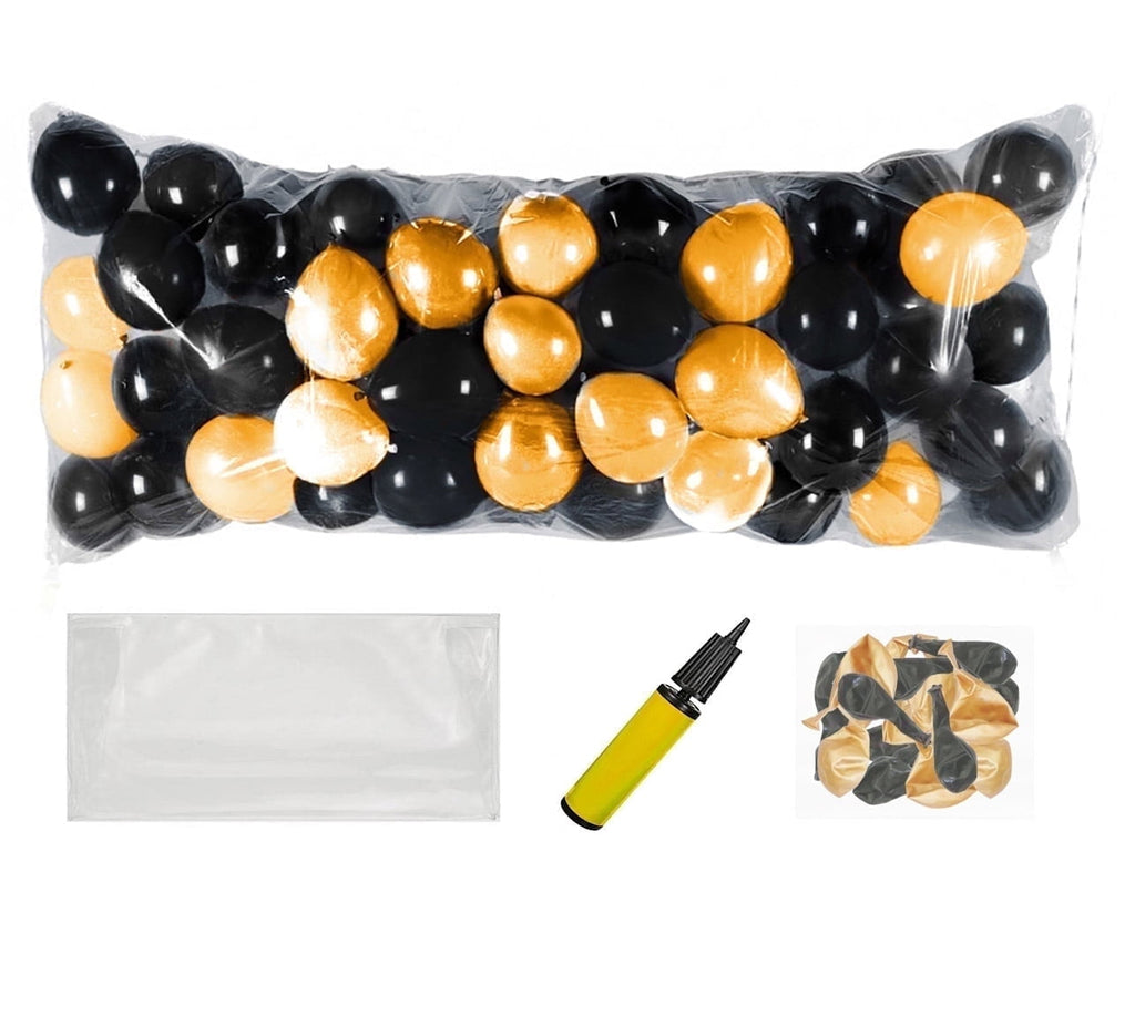 PMU New Year's Eve Party Balloon Drop Kit (100 - 5in or 50 - 9in Balloons with Hand Pump) Black and Gold Assortment 2025 New Year Celebration Accessories (41377-00103-905152-72580) Pkg/1