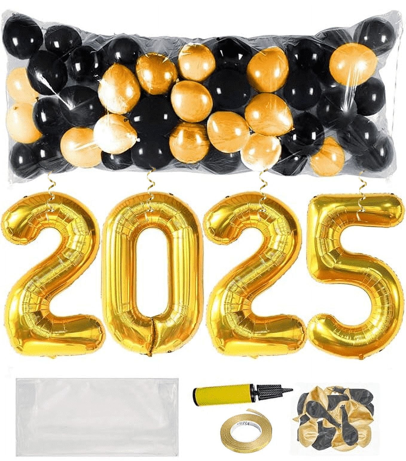 PMU New Year's Eve Party Balloon Drop Kit (100pcs Assorted 9in and 5in Balloons with Hand Pump) Silver and White Assortment with 4pcs "2025" 40in Silver Mylar Balloons 1 Set Assortment