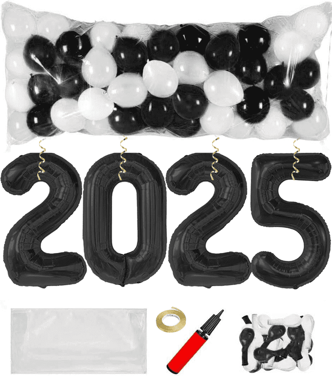 PMU New Year's Eve Party Balloon Drop Kit (100pcs Assorted 9in and 5in Balloons with Hand Pump) Silver and White Assortment with 4pcs "2025" 40in Silver Mylar Balloons 1 Set Assortment