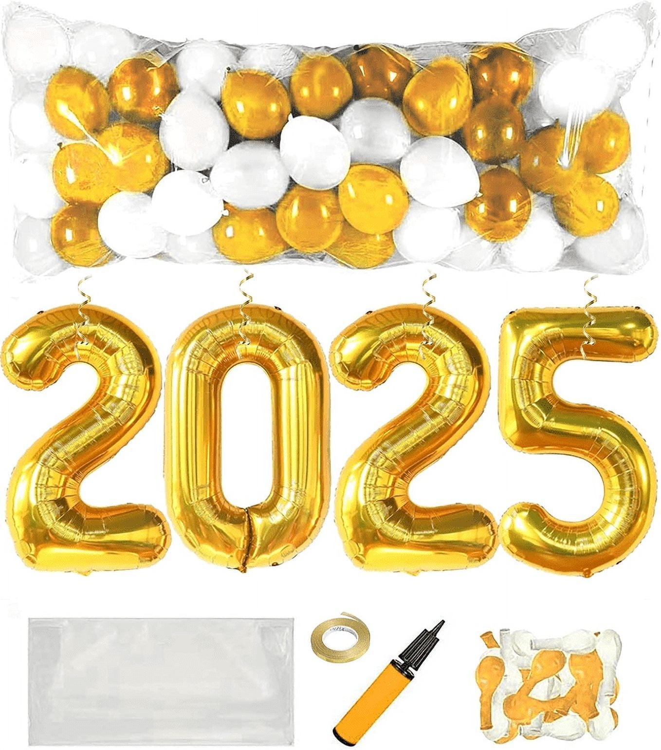 PMU New Year's Eve Party Balloon Drop Kit (100pcs Assorted 9in and 5in Balloons with Hand Pump) Silver and White Assortment with 4pcs "2025" 40in Silver Mylar Balloons 1 Set Assortment