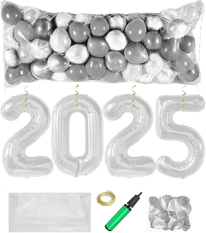PMU New Year's Eve Party Balloon Drop Kit (100pcs Assorted 9in and 5in Balloons with Hand Pump) Silver and White Assortment with 4pcs "2025" 40in Silver Mylar Balloons 1 Set Assortment