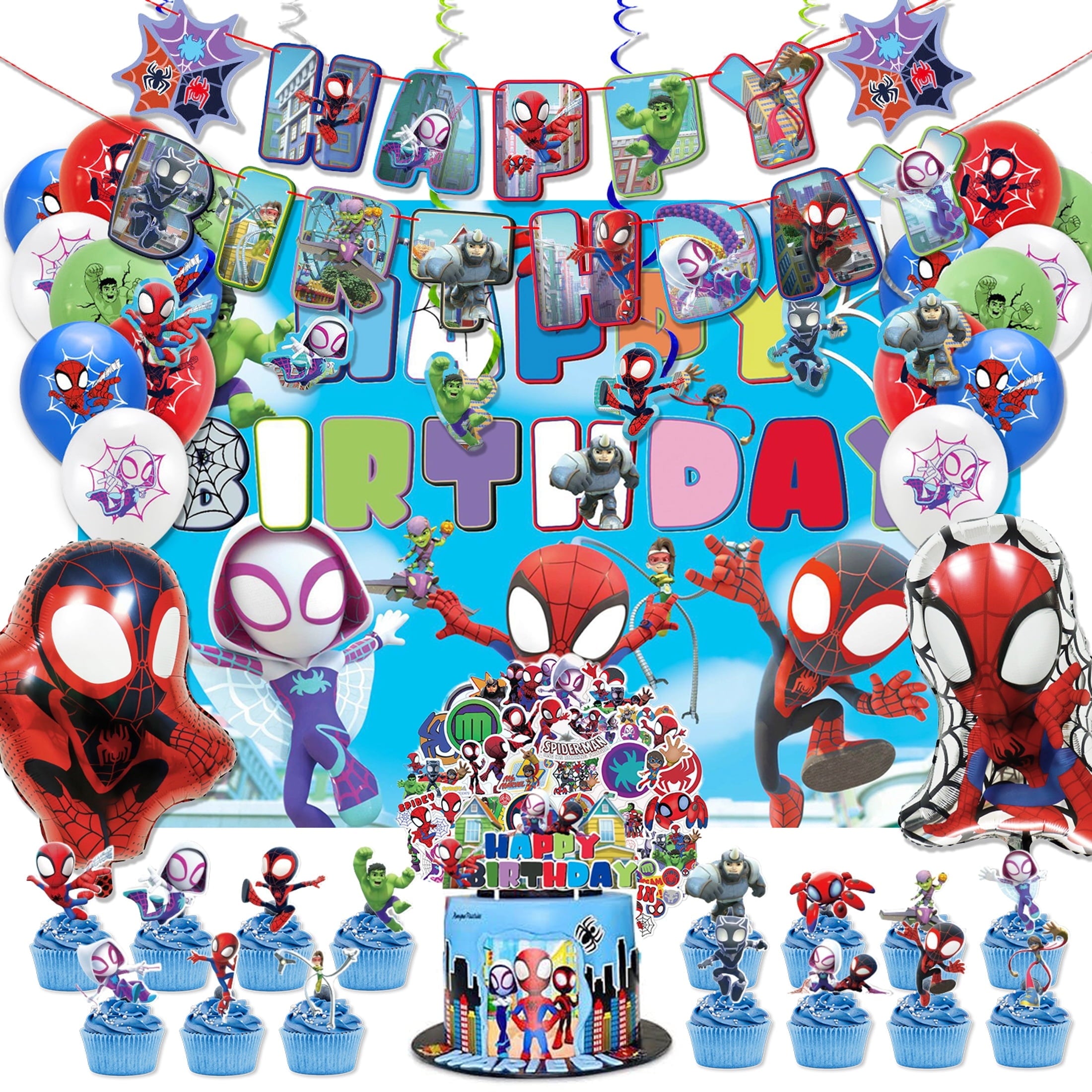 Party Supplies For Spidey & His Amazing Friends 97-Piece Party Kit | Superhero Birthday Decorations with Backdrop, Banner, Foil Balloons, Latex Ballons, Hanging Swirls,  Cupcake Toppers & 51 Stickers