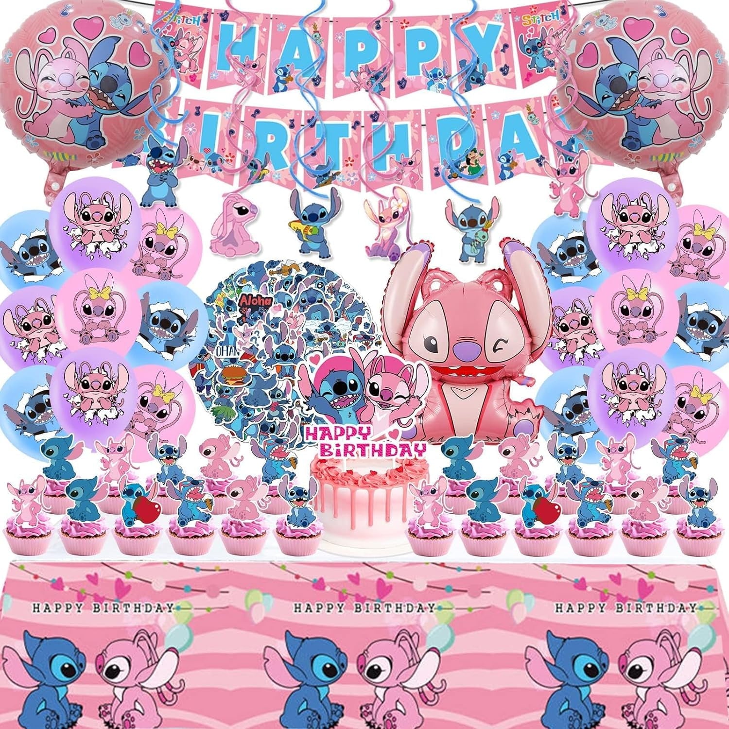 Stitch Party Supplies Happy Birthday Decorations Set Include Banner, Balloons, Stickers, Hanging Swirls, Cake Cupcake Toppers, Tablecloth for Boys Girls Cartoon Theme Party