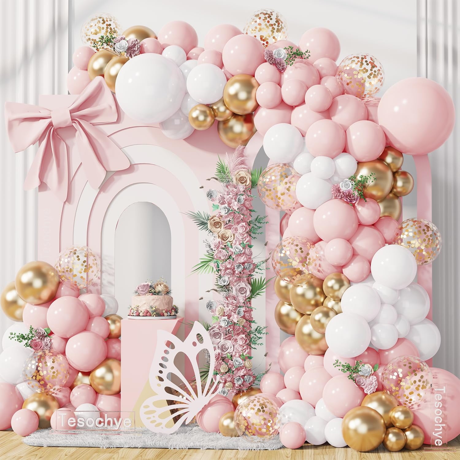 Pink and Gold Balloon Arch Kit, AFN1143 PCS Pink and White Balloon Garland Kit Light Pink White Gold Confetti Balloons for Princess Birthday Party Baby Shower Wedding Decorations
