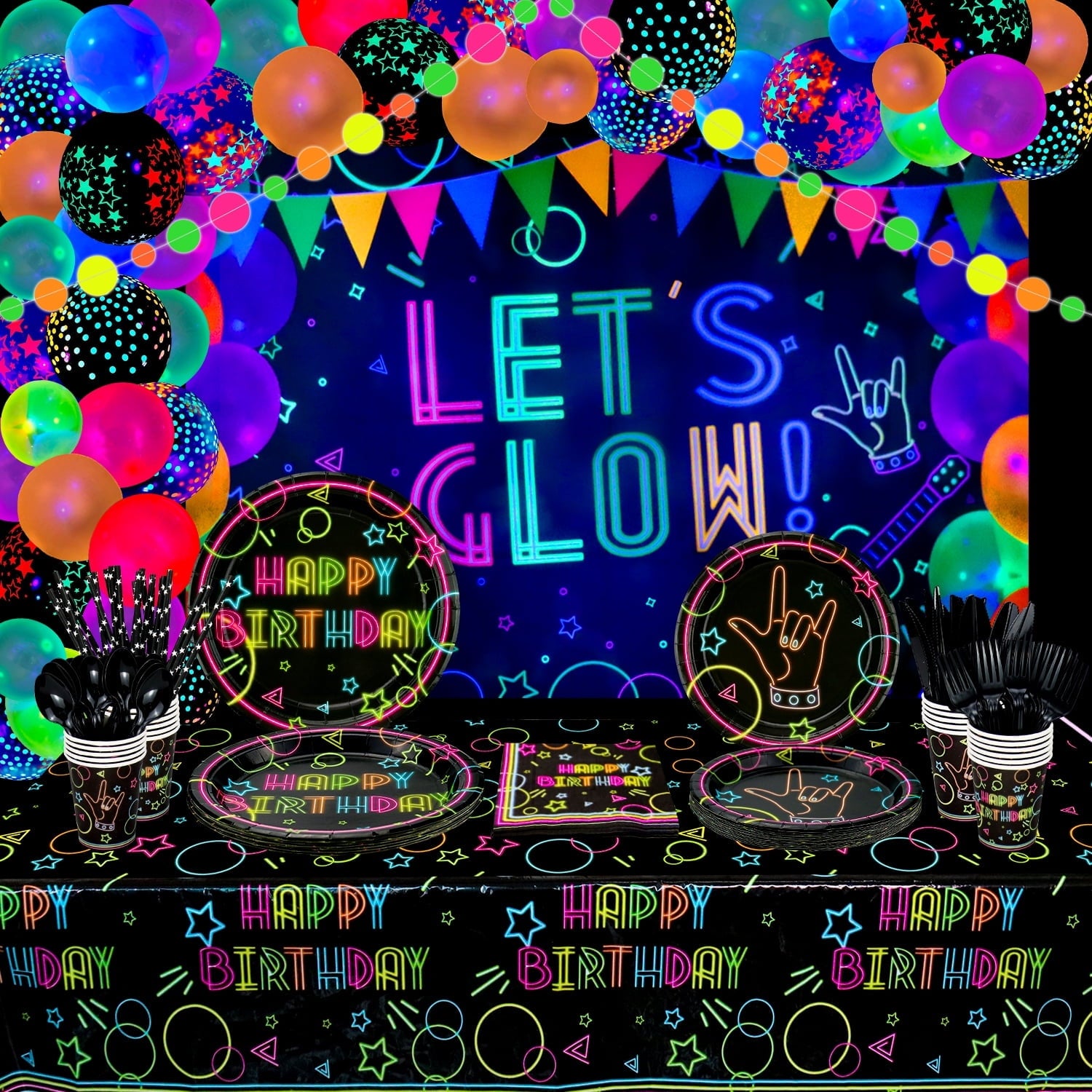 44 Pieces Glow Neon Party Supplies - Neon Balloons, Glow in the Dark LET'S GLOW Backdrop Banner, Garlands, Tablecloth, Plates, Napkins, and Cup for Blacklight Party Decorations, Serve 20 Guests