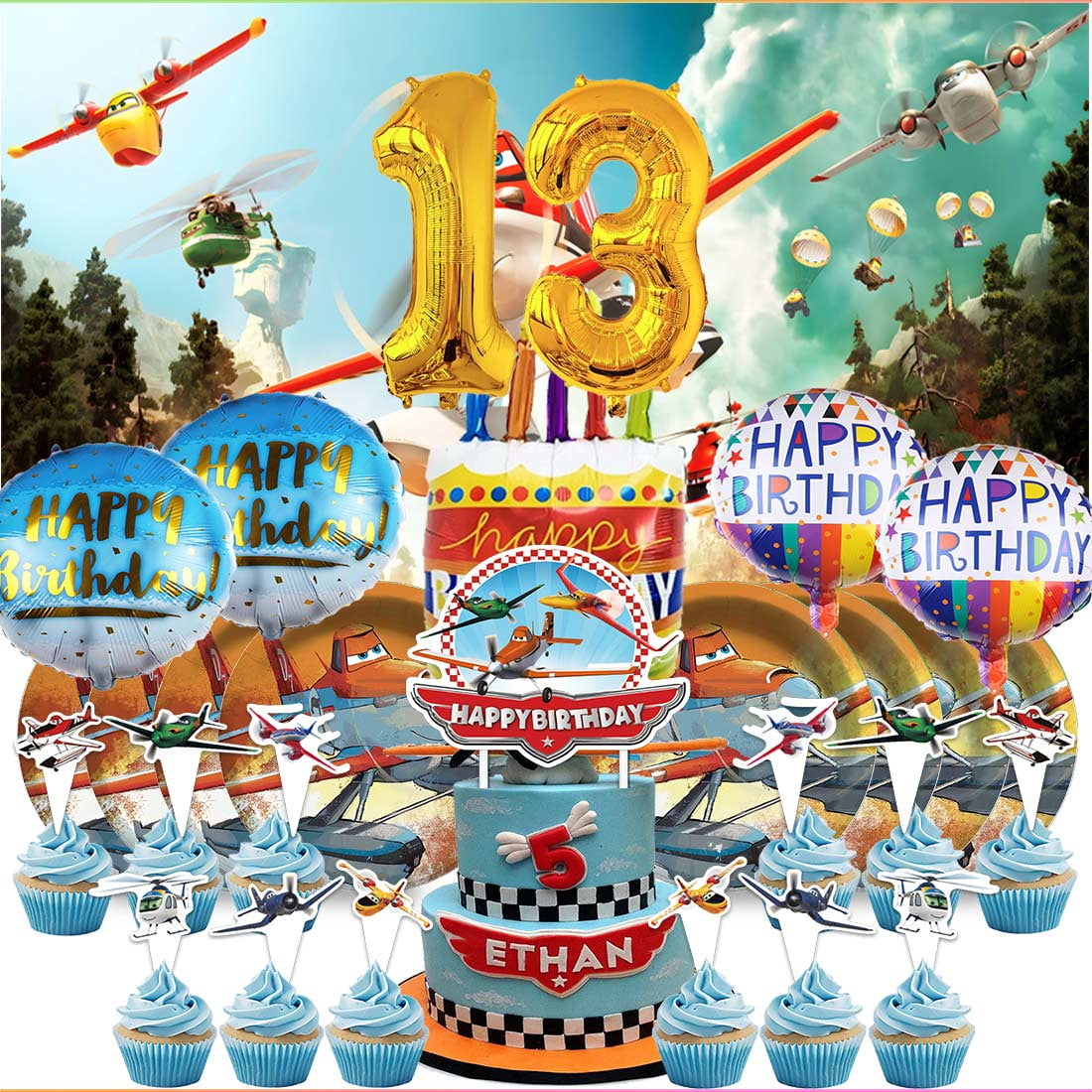 Planes Fire and Rescue 4th Tableware Balloons Cake Toppers Backdrop Banner Supplies Party Decor Plates Decorations