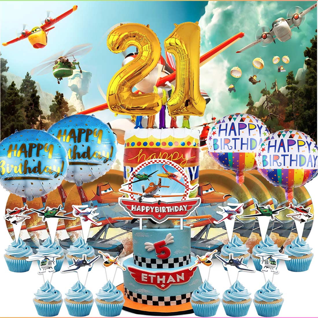 Planes Fire and Rescue 4th Tableware Balloons Cake Toppers Backdrop Banner Supplies Party Decor Plates Decorations