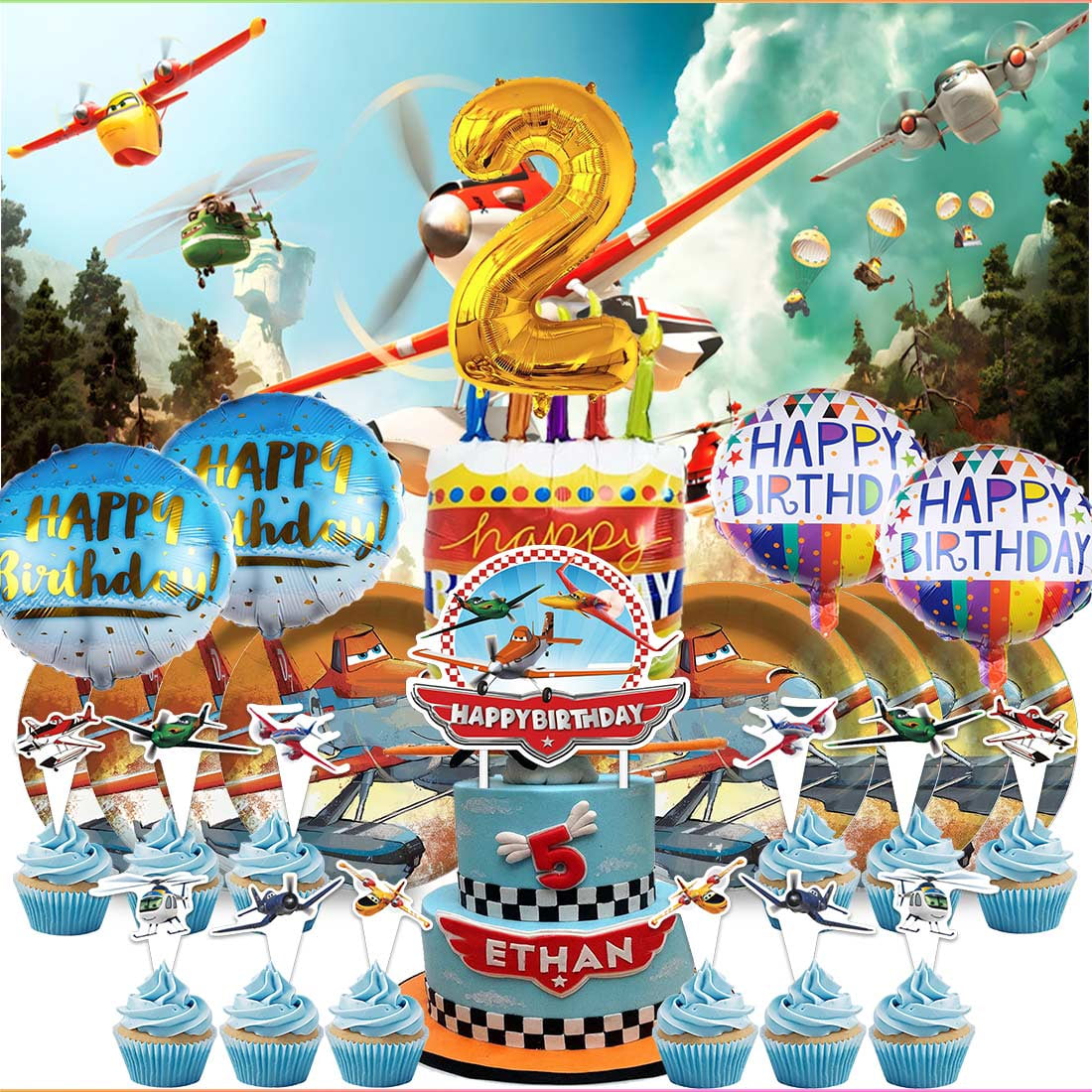 Planes Fire and Rescue 4th Tableware Balloons Cake Toppers Backdrop Banner Supplies Party Decor Plates Decorations