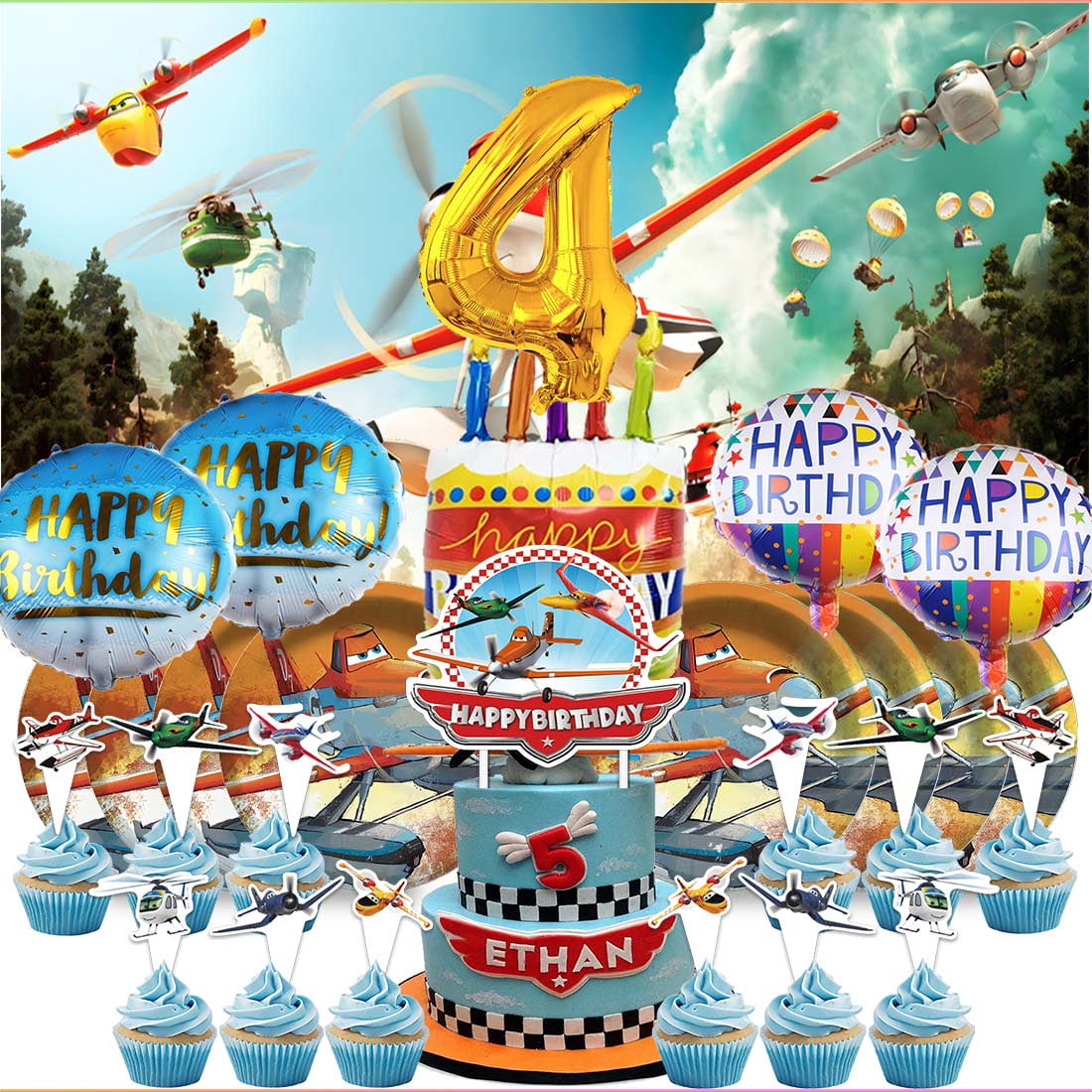 Planes Fire and Rescue 4th Tableware Balloons Cake Toppers Backdrop Banner Supplies Party Decor Plates Decorations