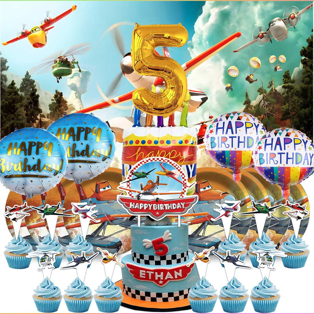 Planes Fire and Rescue 4th Tableware Balloons Cake Toppers Backdrop Banner Supplies Party Decor Plates Decorations