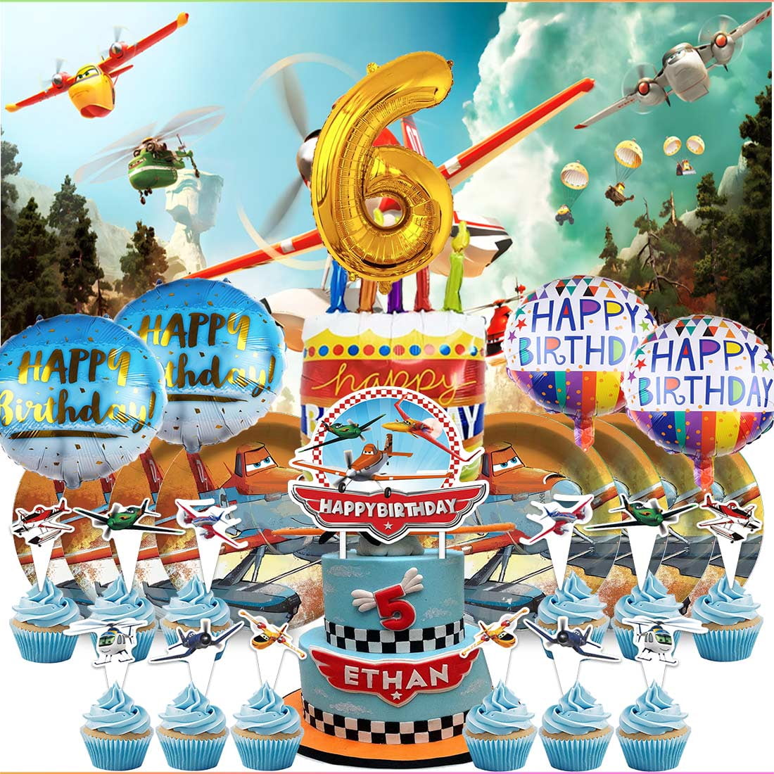 Planes Fire and Rescue 4th Tableware Balloons Cake Toppers Backdrop Banner Supplies Party Decor Plates Decorations