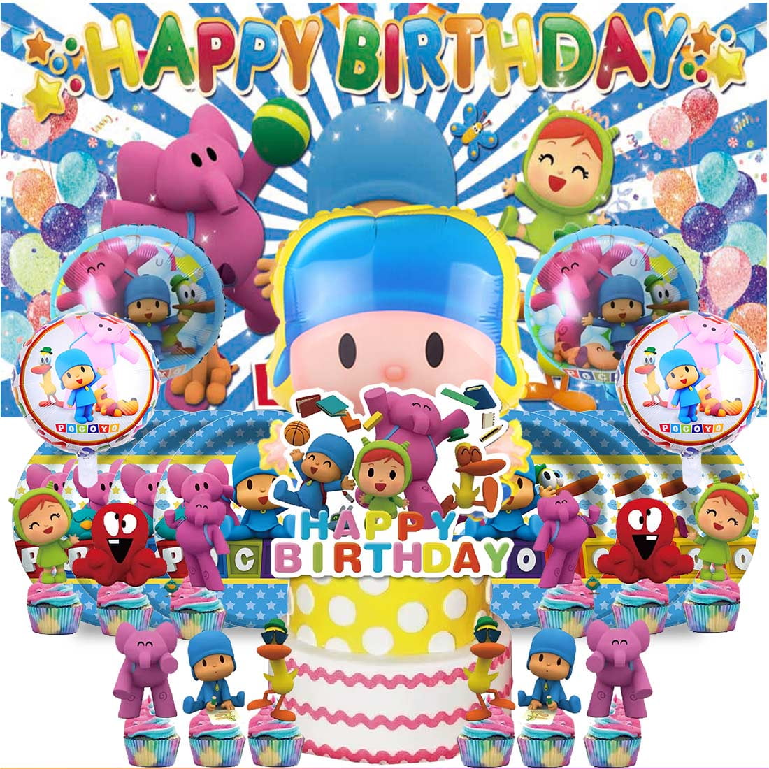 Pocoyo Party Supplies Decor Tableware Backdrop Banner Cake Topper Balloons Birthday Decorations