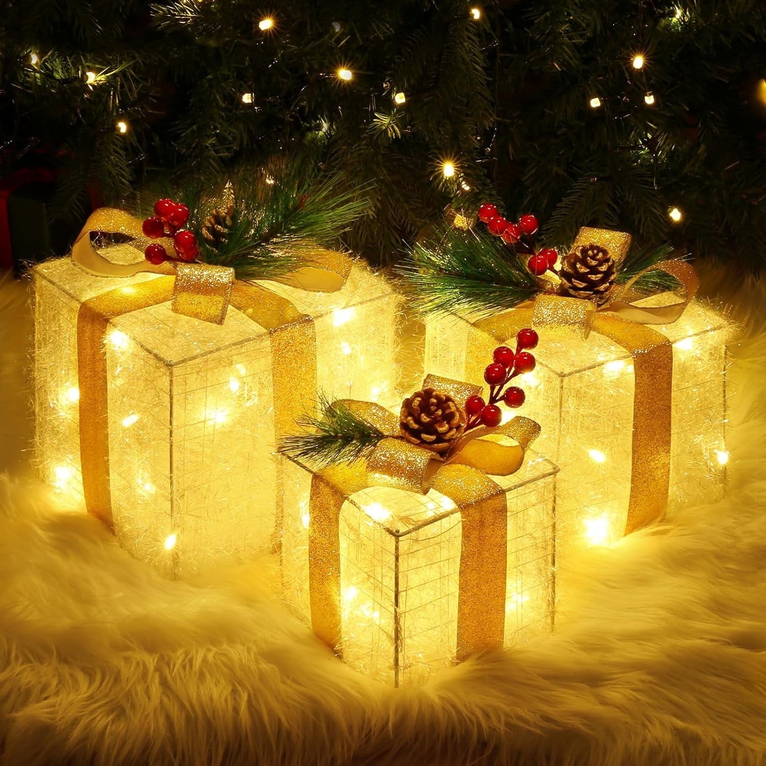 Christmas Lighted Boxes Decorations, Quntis 8 Modes 3 Lighted Boxes, Champagne Gold Gift Boxes Christmas Decorations for Christmas Tree Indoor/Outdoor Clampsted Gift Box Three -Piece