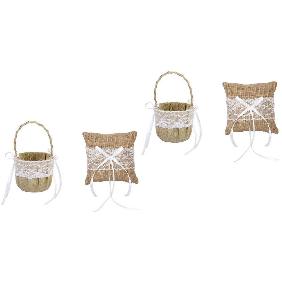 Raindrops 2pcs Set of 6*6'' Generic Burlap Jute & Lace Flower Basket Ring Bearer Pillow Cushion Rustic Country Wedding