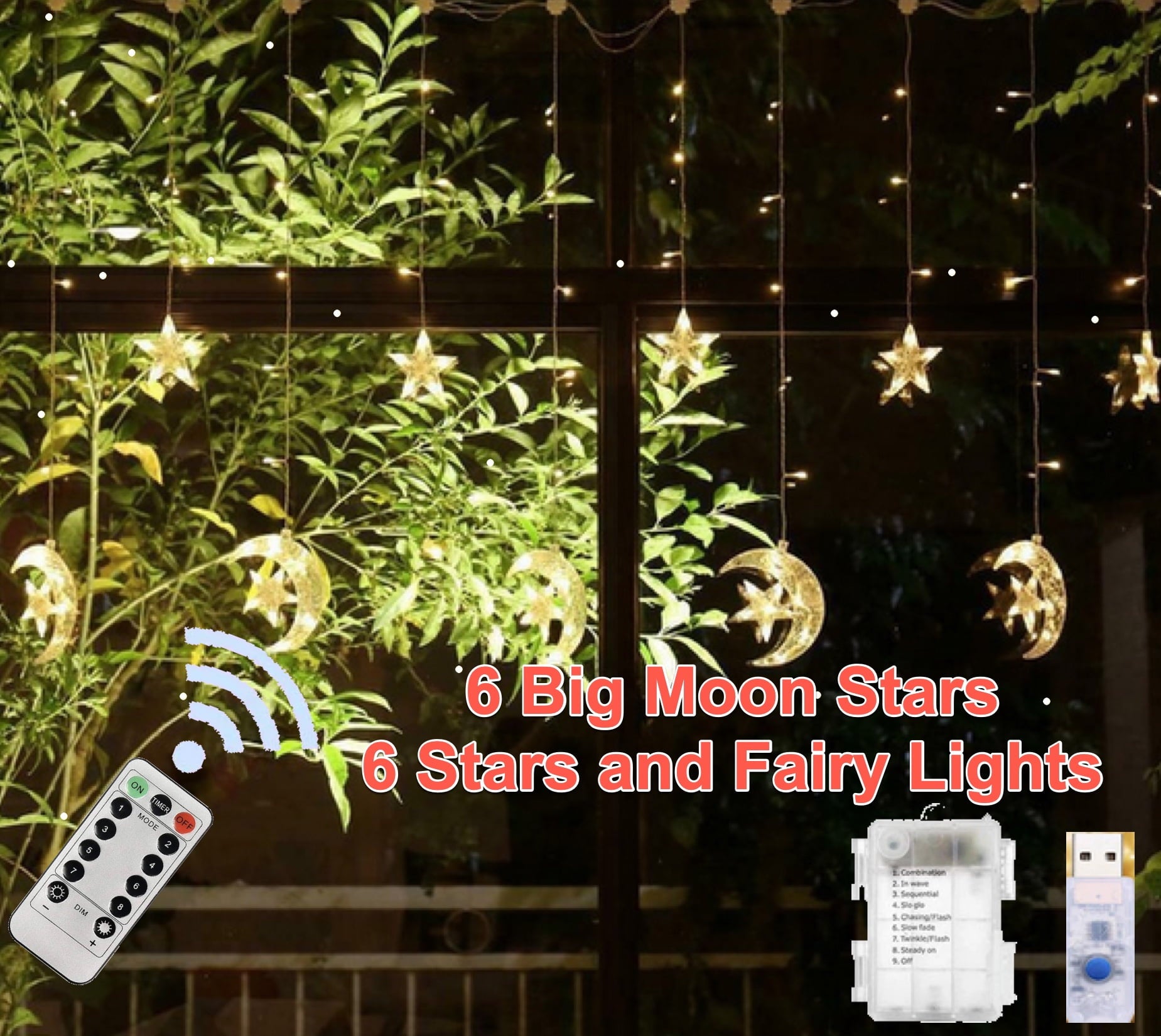 Ramadan Decor 138 LED Curtain Light Moon Star Birthday Office Restaurant decor LED Curtain Style Fairy Lights with USB  Battery and Remote Control 12 Legs of Moon/Star (LED) ~6ft wide