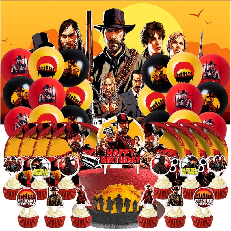 Red Dead Redemption Balloons Supplies Party Decor Plates Decorations Banner Cake Topper Tableware Banner Backdrop