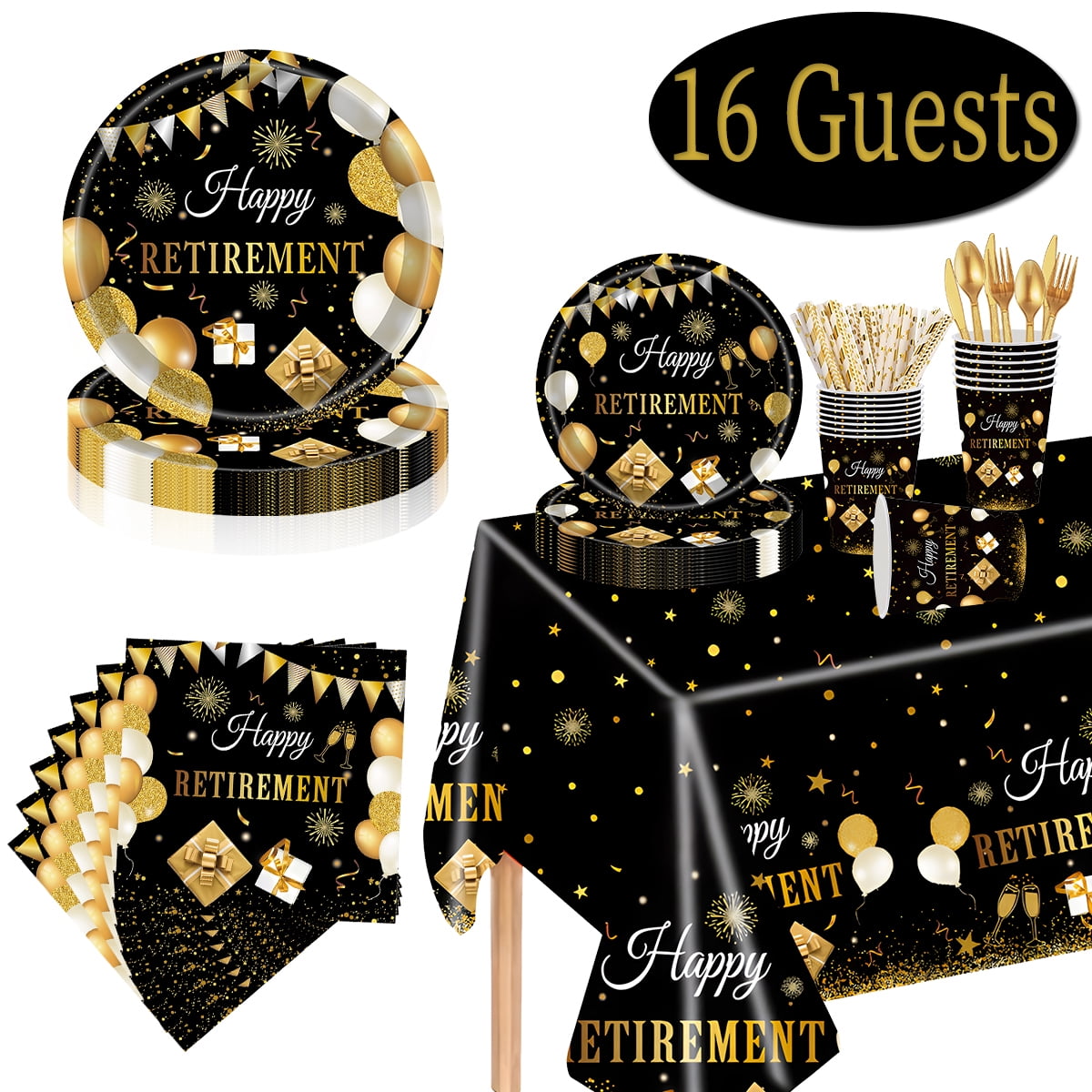 Retirement Paper Plates and Napkins Disposable Dinnerware Retirement Party Supplies Retirement Tableware Set for 16 guests Black Gold