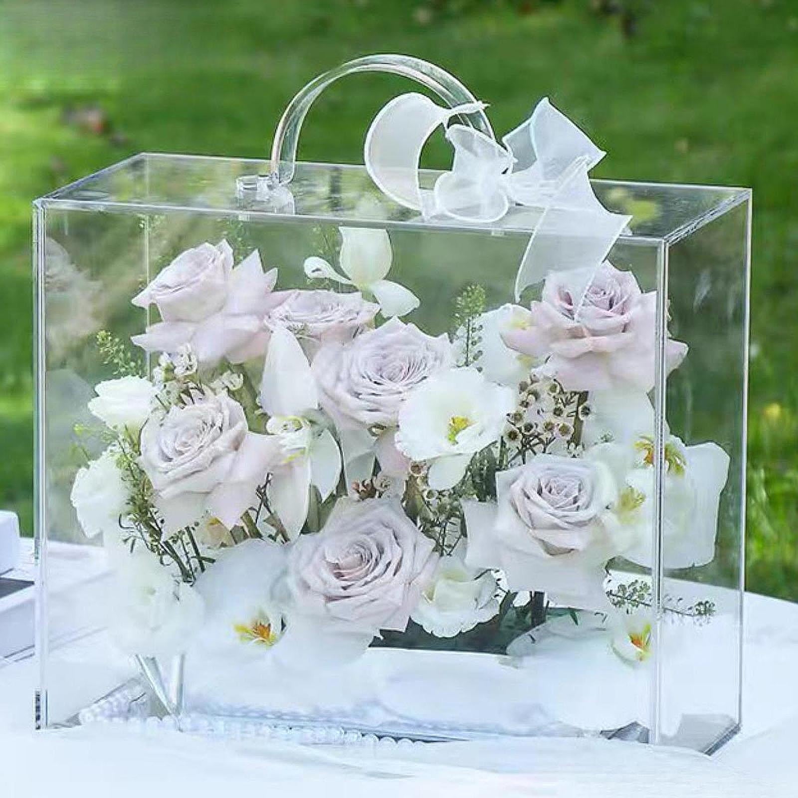 Sharprepublic Clear Acrylic Flower Box with Handle Elegant for Bridal Shower Gift Tote Bag 25.5x12x21cm