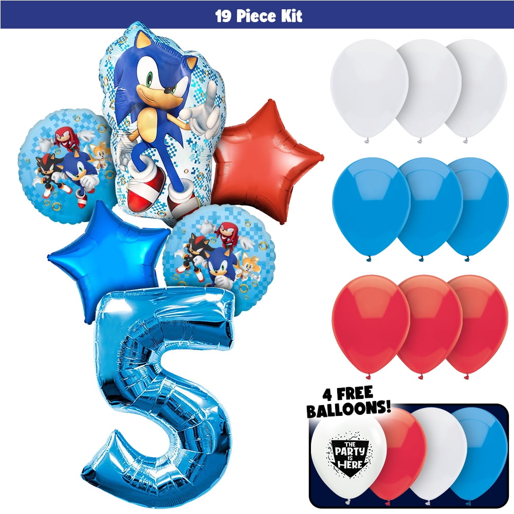 20pc Sonic the Hedgehog Balloons Bouquet Kit - Kids Party Decor Decoration Supplies with 42" Blue Number 5 Balloon - Video Game Birthday Balloons