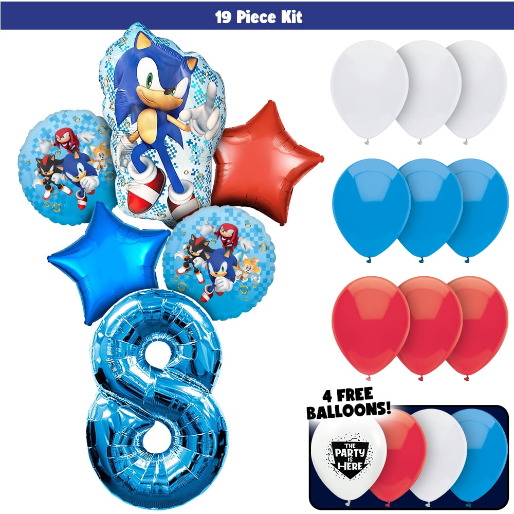 20pc Sonic the Hedgehog Balloons Bouquet Kit - Kids Party Decor Decoration Supplies with 42" Blue Number 8 Balloon - Video Game Birthday Balloons
