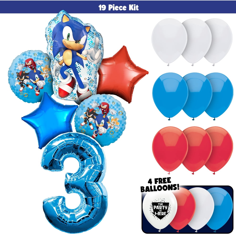 20pc Sonic the Hedgehog Balloons Bouquet Kit - Kids Party Decor Decoration Supplies with 42" Blue Number 3 Balloon - Video Game Birthday Balloons