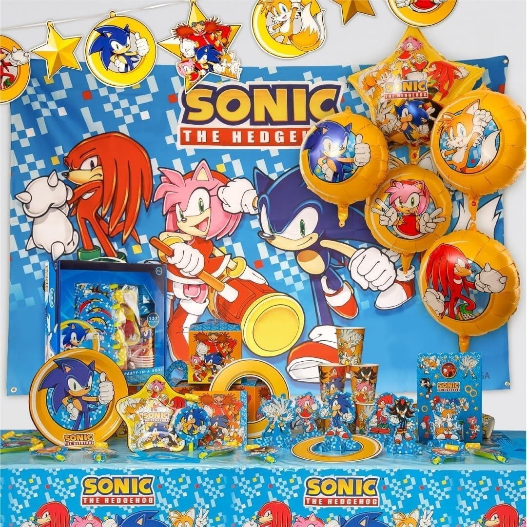 Sonice The Hedgehog Party in a Box Kit 137pcs Plates Balloons Decorations Stickers Poster Blowouts Mighty Mojo