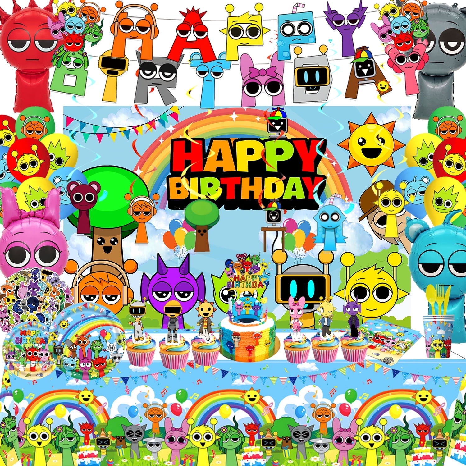 231 Pcs Sprunki Birthday Party Decoration Set - 24 Cake Toppers, 18 Balloons, 1 Happy Birthday Banner, 55 Stickers, 1 Large Cake Topper, 1 Table Cloth, 1 Backdrop Banner Party Supplies for Fans.