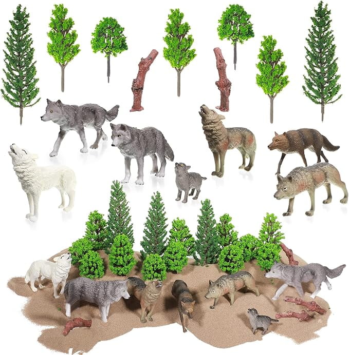 Sratte 26 Pcs Woodland Wolf Figurines Toys Model Trees Kit with Wolf Figurine Wolf Toy Playset Diorama Project Kit Cake Toppers for Kids Toddlers Birthday Gift Decor