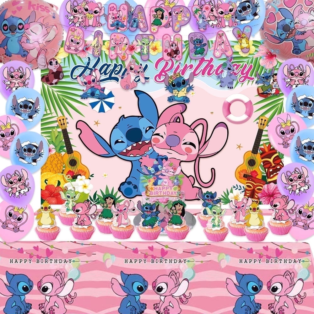 Pink Birthday Decorations Birthday Banner,Backdrop,Balloons,Cake Topper,Cupcake Toppers,Hanging Swirls,Tablecloth for Lilo Birthday Party Decorations Party Supplies