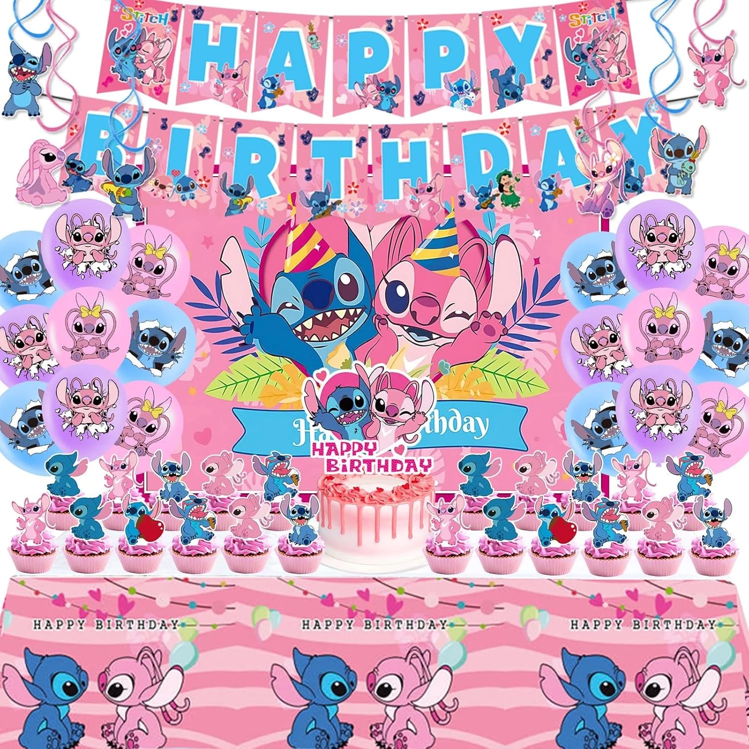 Stitch Party Supplies Happy Birthday Decorations Set Include Banner, Balloons, Stickers, Hanging Swirls, Cake Cupcake Toppers, Tablecloth for Boys Girls Cartoon Theme Party