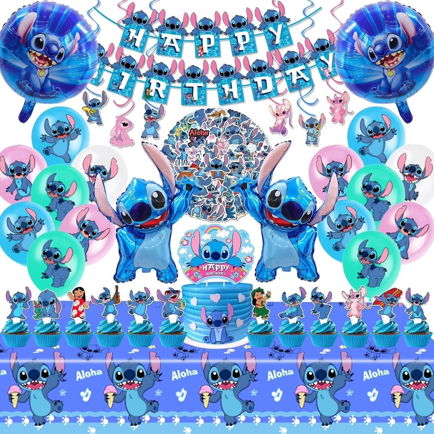 Stitch Party Supplies Happy Birthday Decorations Set Include Banner, Balloons, Stickers, Hanging Swirls, Cake Cupcake Toppers, Tablecloth for Boys Girls Cartoon Theme Party