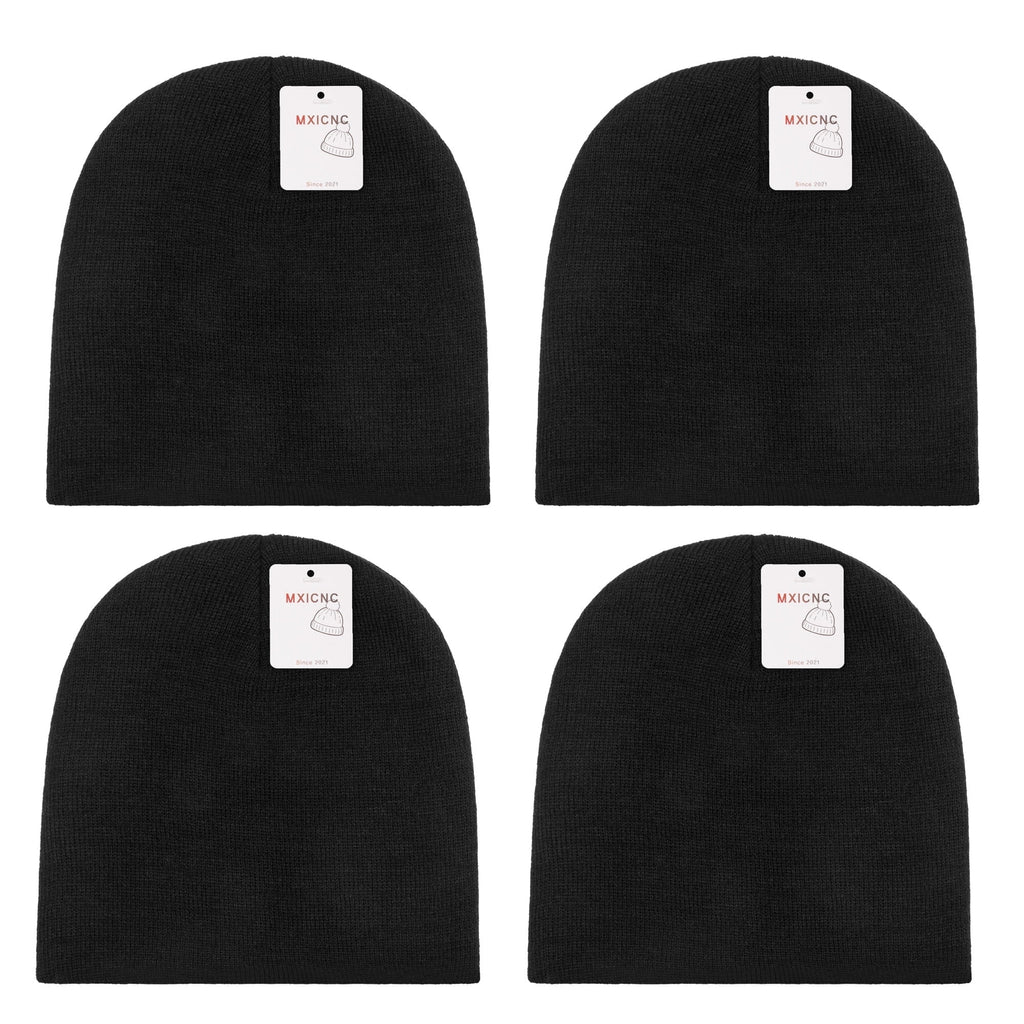 4 Pack Straight Knit Beanie Hat for Men & Women - Winter Warm Skull Cap, Stretchy Unisex Cold Weather Beanie, 4 Black