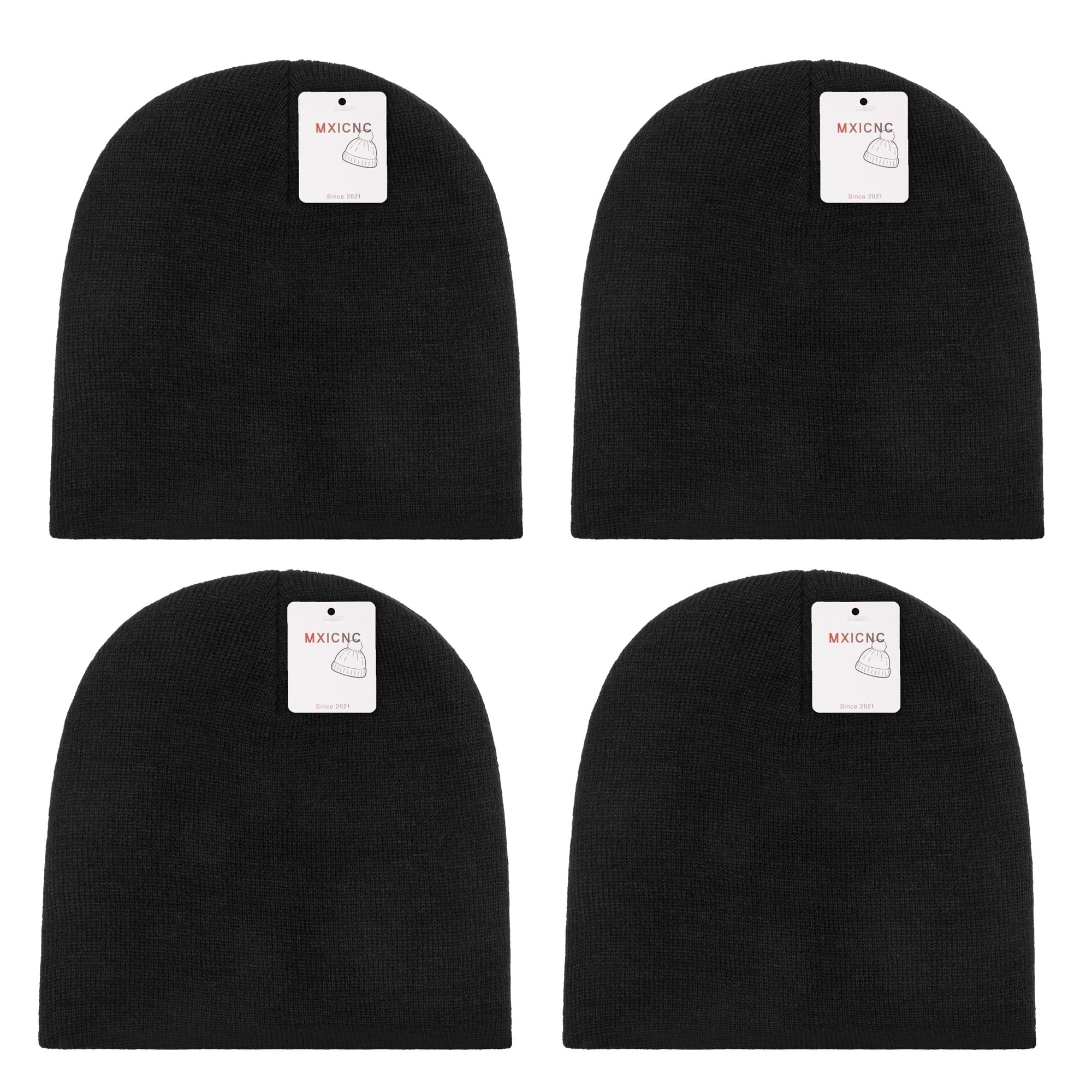 4 Pack Straight Knit Beanie Hat for Men & Women - Winter Warm Skull Cap, Stretchy Unisex Cold Weather Beanie, 4 Black