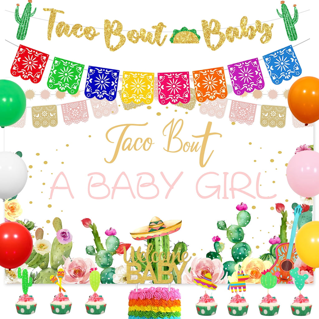 Taco Bout A Baby Girl Mexican Theme Baby Shower Decorations Welcome Baby Girl with Fiesta Backdrop Cake Toppers for Cinco de Mayo Girl Baby Shower Party Supplies