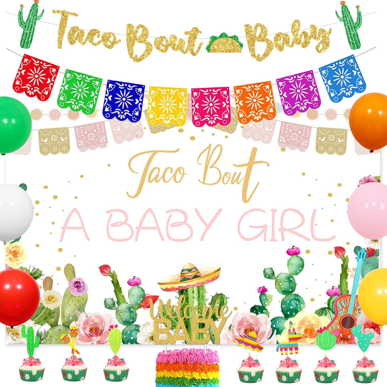 Taco Bout A Baby Girl Mexican Theme Baby Shower Decorations Welcome Baby Girl with Fiesta Backdrop Cake Toppers for Cinco de Mayo Girl Baby Shower Party Supplies