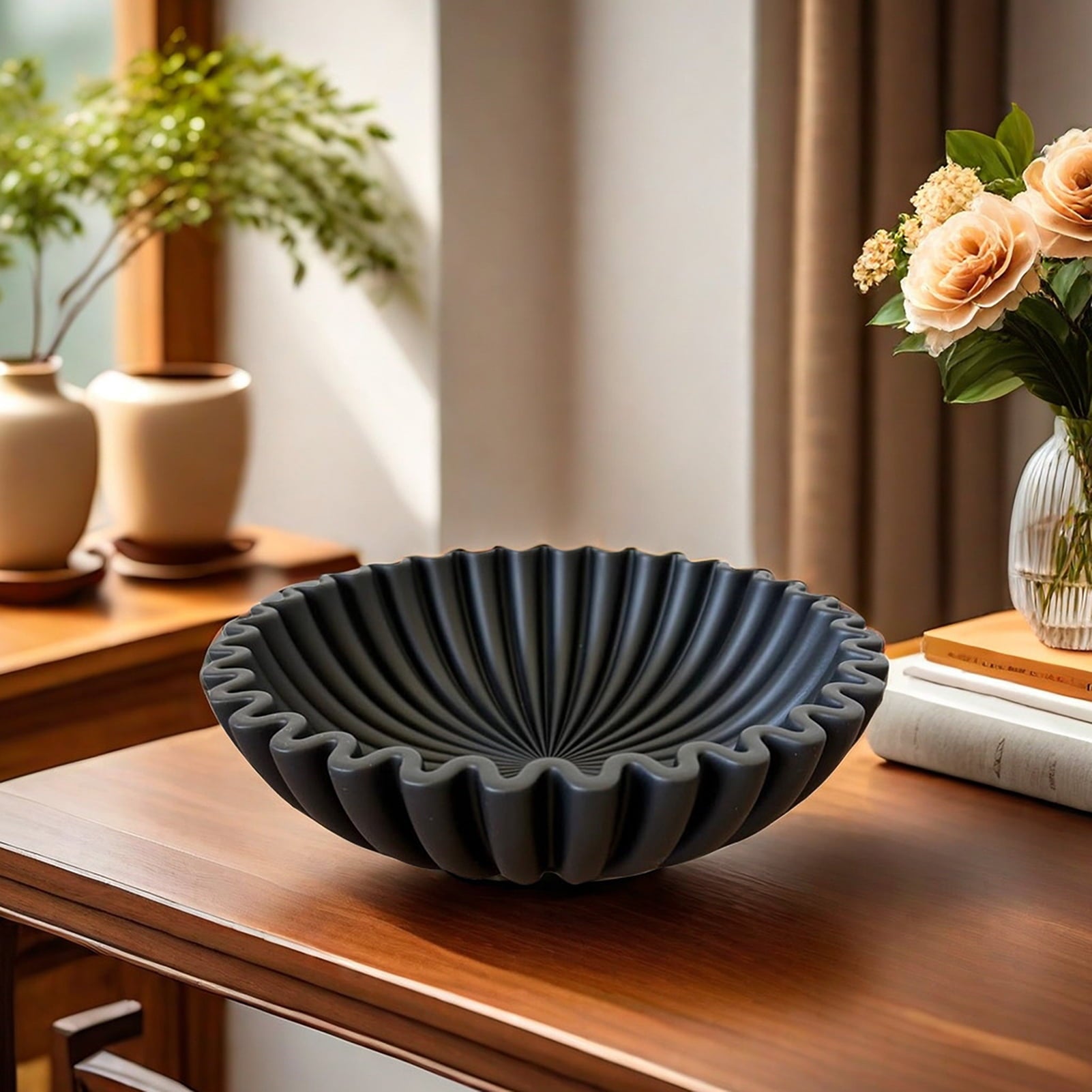 Taosunzt Black Ruffle Decorative Bowl Modern Living Room Home Office Resin Fluted Bowl Coffee Table Bookshelf Centerpiece Desktop Decoration White 2
