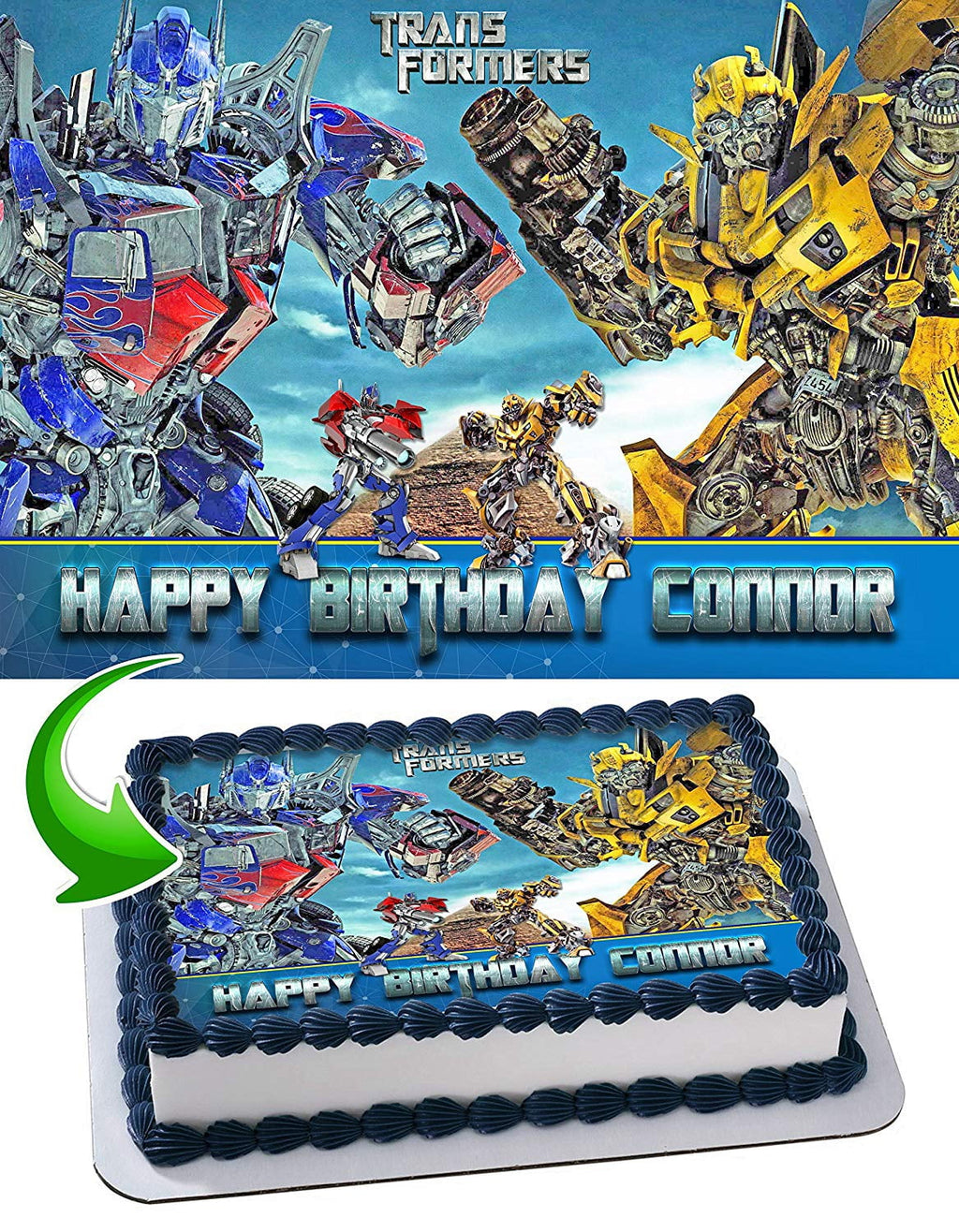 Transformers Optimus Prime Bumblebee - Edible Cake Topper - 11.7 x 17.5 Inches 1/2 Sheet rectangular