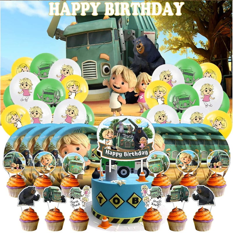 Trash Truck Balloons Plates Party Supplies Decoration Birthday Cake Topper Decor Banner Backdrop Tableware
