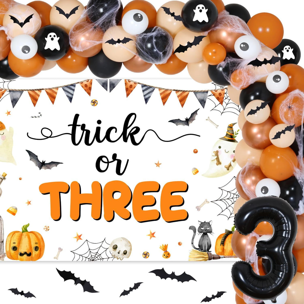 Trick or Three Theme Halloween 3rd Birthday Party Decorations Pumpkin Backdrop Number 3 Balloon Garland Arch Kit 3D Bat Wall Stickers Simulation Spider for Halloween 3rd Birthday Party Decor Supplies