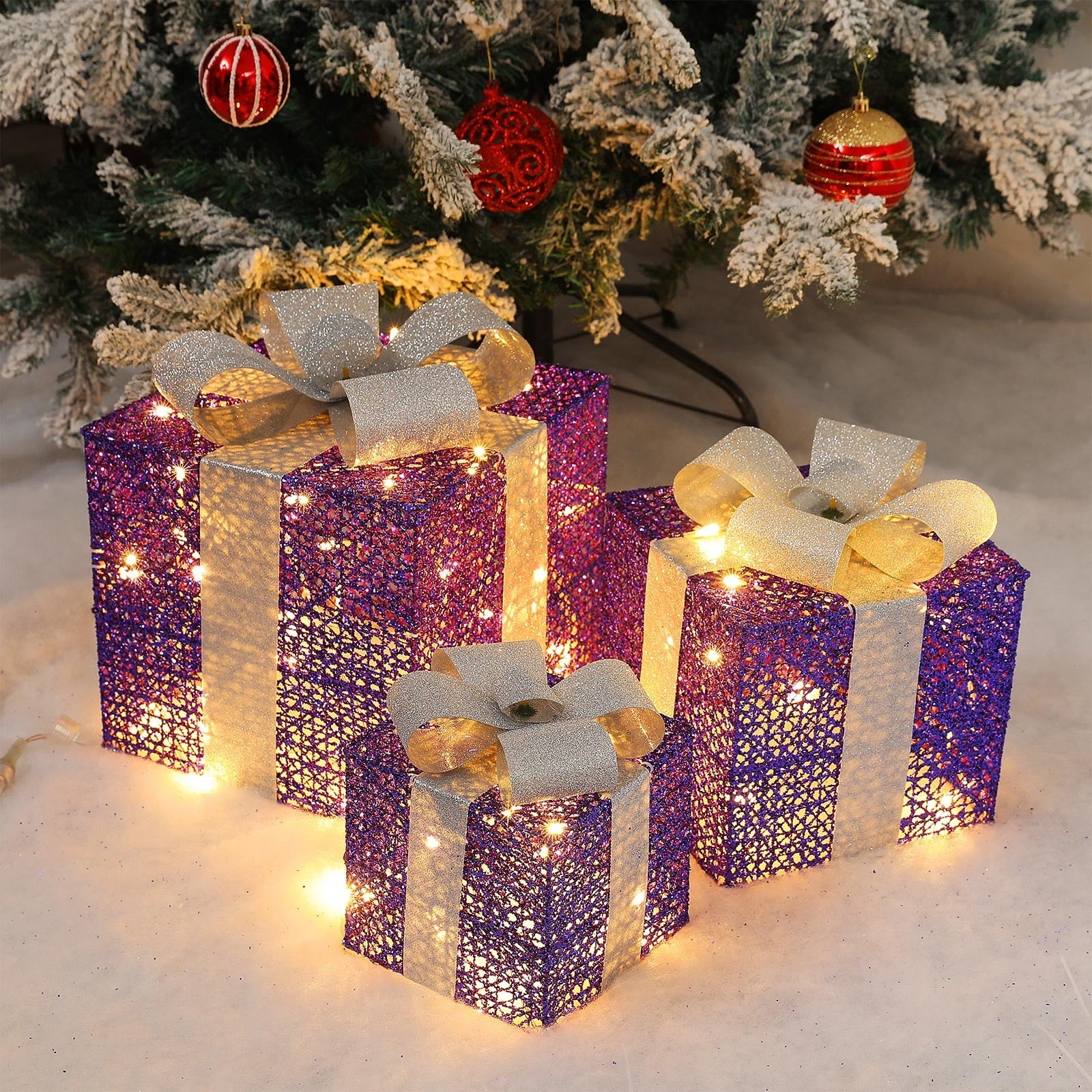 Tyidzon Christmas Lighted Gift Boxes, 3Pcs Christmas Decorations Presents Boxes with Ribbon Bows Christmas Decorations for Xmas Tree, Yard, Home, Indoor Outdoor Holiday Decor